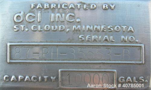 Used DCI 316L stainless steel storage tank, 10,000 gallon capacity, horizontal design. 120" inside diameter x 204" straight side, dished heads. Bottom 1/3 dimple jacket rated 62 psi @ 250 degrees F. ...