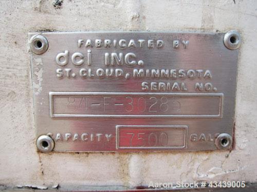 Used DCI Storage Tank, 7,500 Gallon, 304 Stainless Steel, Horizontal. 120” Diameter x 154” straight side, dished ends. Internal rated 15 psi at 100 degrees F, 30 square feet of bottom side wall dimpl...