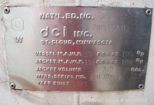 Used DCI Storage Tank, 7,500 Gallon, 304 Stainless Steel, Horizontal. 120” Diameter x 154” straight side, dished ends. Internal rated 15 psi at 100 degrees F, 30 square feet of bottom side wall dimpl...