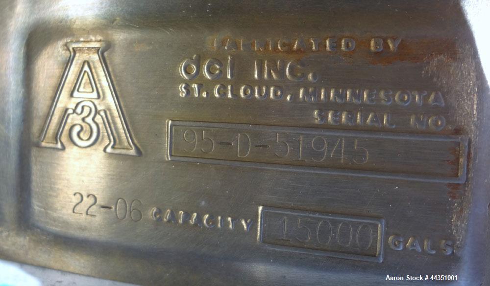 Used DCI Jacketed Silo, 2004 Cubic Feet (15,000 Gallon), 304 Stainless Steel. 144" Diameter x 18' straight side. Dished top, sloped bottom. Insulated with carbon steel sheathing. 30" Tall section of ...