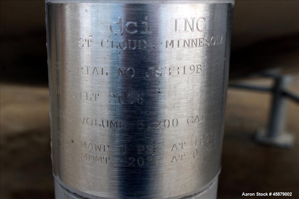 Used DCI Storage Tank, 5,200 Gallon, 316/316L Stainless Steel, Vertical.
