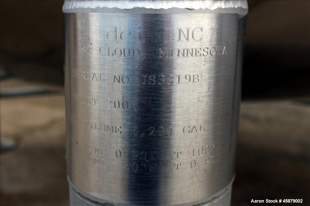 Used DCI Storage Tank, 5,200 Gallon, 316/316L Stainless Steel, Vertical.