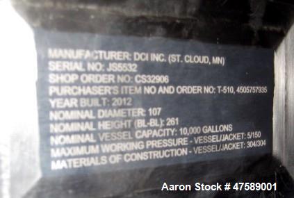 Used DCI Food Grade Silo, 10,000 Gallon, 304 Stainless Steel, Vertical.