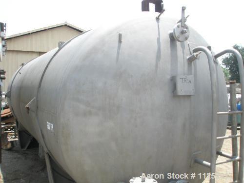 Used-Stainless Steel Tank, 7,500 gallon capacity. 8' Diameter x 19' straight side, dished ends, horizontal orientation. Manu...