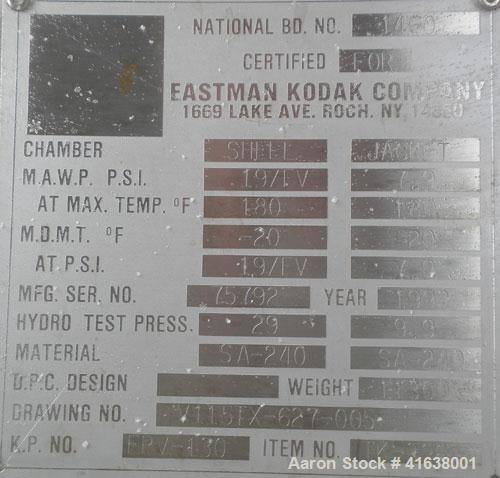 Used Enerfab Double Wall Pressure Tank, 5,000 gallon, 304L stainless steel, vertical. Inner shell 99’’ diameter x 131-5/8’’ straight side, dished top and bottom. Internal rated 19 psi, design vacuum ...