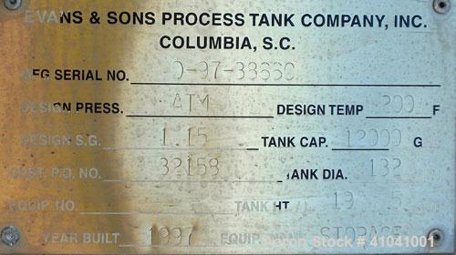 Used Evans & Sons Process Tank Company Tank, 12,000 gallon, 316 stainless steel, vertical. 132" diameter x 216" straight side, flat top and bottom. Internal rated atmospheric at 200 degrees F. Openin...