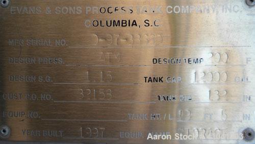 Used Evans & Sons Process Tank Company Tank, 12,000 Gallon, 316 Stainless Steel, Vertical. 132" diameter x 216" straight side, flat top and bottom. Internal rated atmospheric at 200 Degrees F. Openin...