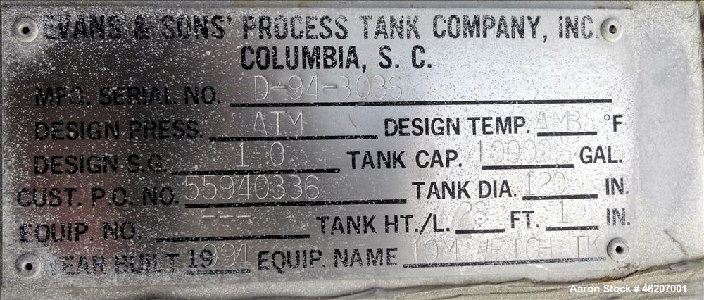 Used Tank, Evans & Sons Process Tank Co.  10,000 Gallon, 316 Stainless Steel