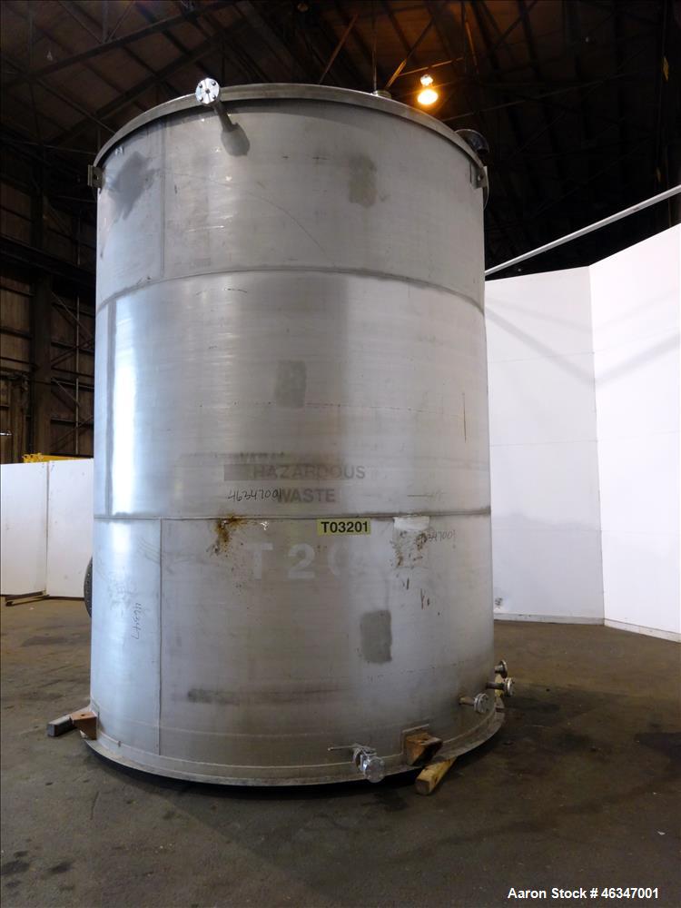 Used Evans & Sons Tank, 9000 Gallon, 316 Stainless Steel, Vertical. Approximate 126” diameter x 168” straight side, flat top and bottom. Internal atmospheric at 150 degrees F. Openings top (2) 2”, (3...