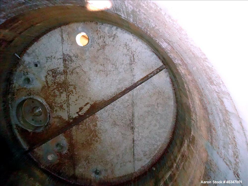 Used Evans & Sons Tank, 9000 Gallon, 316 Stainless Steel, Vertical. Approximate 126” diameter x 168” straight side, flat top and bottom. Internal atmospheric at 150 degrees F. Openings top (2) 2”, (3...