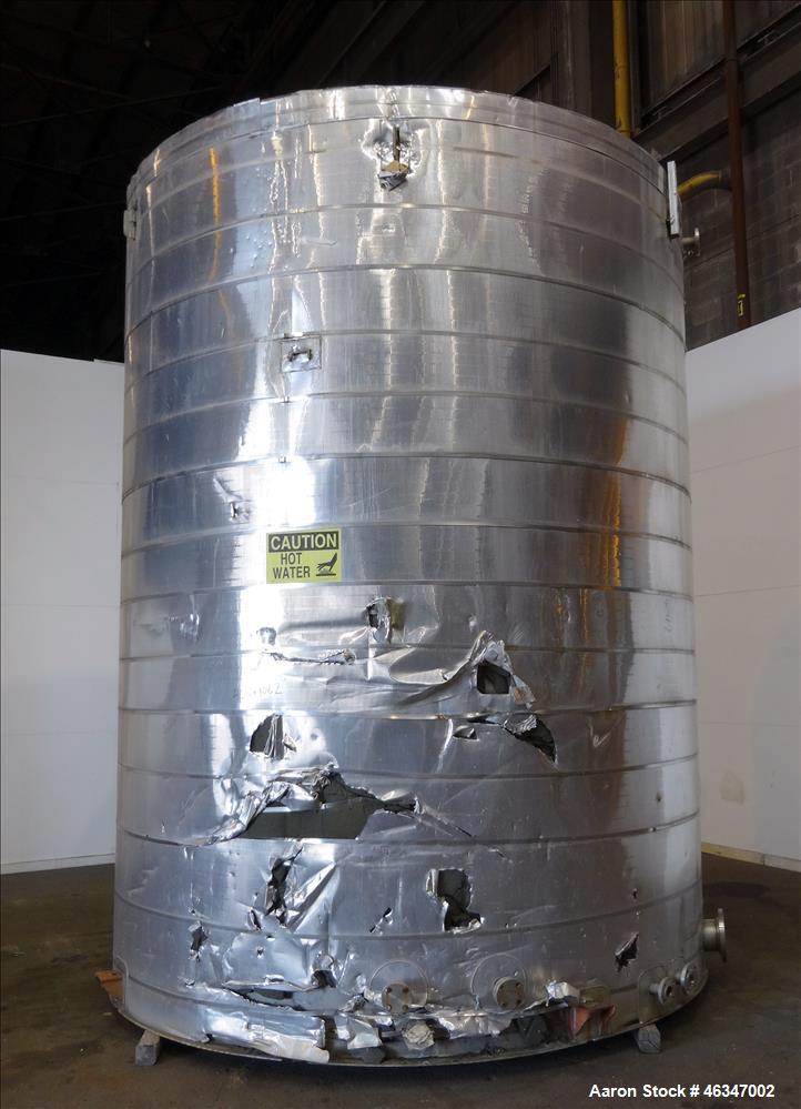 Used Evans & Sons Tank, 9000 Gallon, 316 Stainless Steel, Vertical. Approximate 126” diameter x 168” straight side, flat top and bottom. Internal atmospheric at 150 degrees F. Openings top 2”, (4) 4”...
