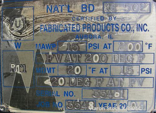 USED: Fabricated Products tank, 9000 gallon, 316L stainless steel, vertical. Approximately 10' diameter x 14' straight side, 2:1 elliptical top and bottom. Internal rated FV and 15 psi at 200 deg F. ...