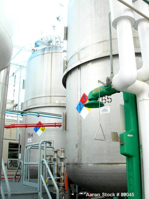 USED: Fabricated Products tank, 9000 gallon, 316L stainless steel, vertical. Approximately 10' diameter x 14' straight side, 2:1 elliptical top and bottom. Internal rated FV and 15 psi at 200 deg F. ...