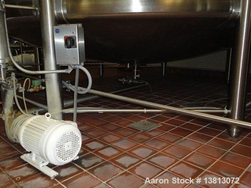 Used Feldmeier 10,000 Gallon Top Agitated Mix Tank. Includes 5 hp, 3485 rpm, Tri Clover 2 1/2" x 1 1/2" transfer pump. Dish top and dish bottom with side manway. (3) Sets of 3 blade mixing propellers...