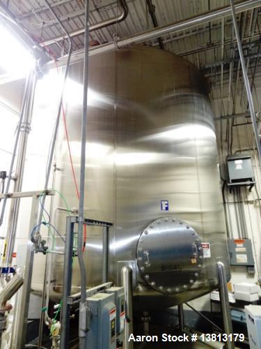 Used Feldmeier 9,000 Gallon Vertical Storage Tank, Stainless Steel. Dish top and dish bottom with center 6" 150lb discharge flange and adjacent 3" outlet. 8" 150 lb flange upper side inlet. Bottom si...