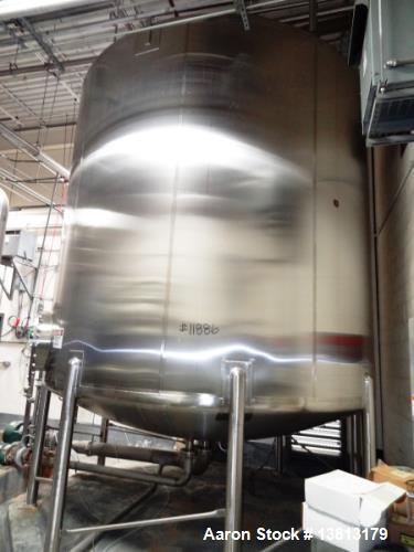 Used Feldmeier 9,000 Gallon Vertical Storage Tank, Stainless Steel. Dish top and dish bottom with center 6" 150lb discharge flange and adjacent 3" outlet. 8" 150 lb flange upper side inlet. Bottom si...