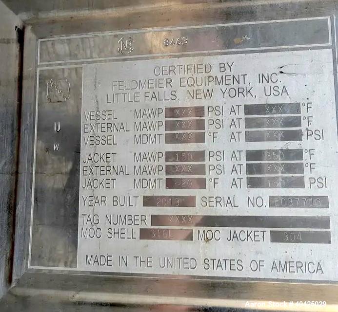 Used Feldmeier 10,000 Gallon Twin Motion Kettle. 316 stainless steel construction. Approximately 152" inner diameter x 132" straight side, dish top, cone bottom, Atmospheric internal, jacketed 84" of...