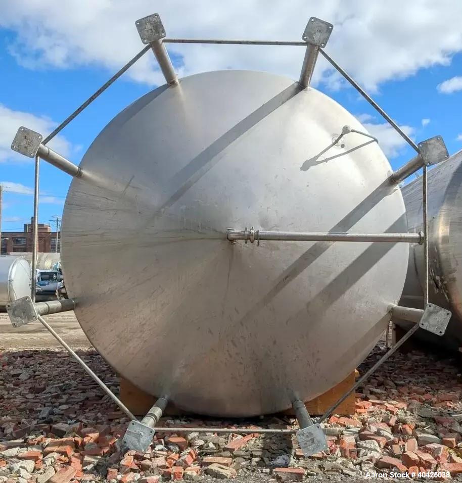 Used Feldmeier 12,000 Gallon Storage Tank. 316 stainless steel construction. Approximately 136" inner diameter x 180"straight side, dish top and bottom, 20" top manway, 3" center bottom outlet. Mount...
