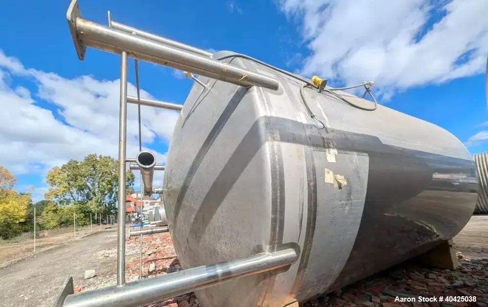 Used Feldmeier 12,000 Gallon Storage Tank. 316 stainless steel construction. Approximately 136" inner diameter x 180"straight side, dish top and bottom, 20" top manway, 3" center bottom outlet. Mount...