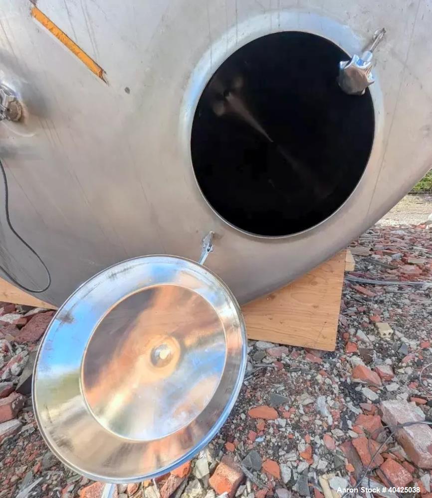 Used Feldmeier 12,000 Gallon Storage Tank. 316 stainless steel construction. Approximately 136" inner diameter x 180"straight side, dish top and bottom, 20" top manway, 3" center bottom outlet. Mount...