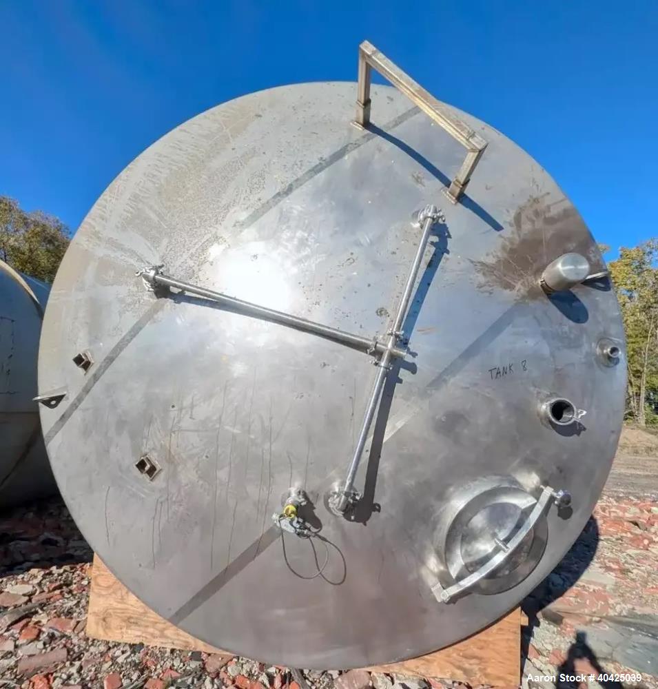 Used Feldmeier 12,000 Gallon Storage Tank. 316 stainless steel construction. Approximately 136" inner diameter x 180"straight side, dish top and bottom, 20" top manway, 3" center bottom outlet. Mount...