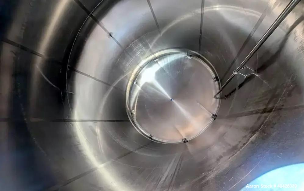 Used Feldmeier 12,000 Gallon Storage Tank. 316 stainless steel construction. Approximately 136" inner diameter x 180"straight side, dish top and bottom, 20" top manway, 3" center bottom outlet. Mount...