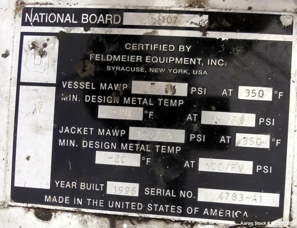 Used 10,000 Gallon Stainless Steel Feldmeier Reactor, Model XLC-150D