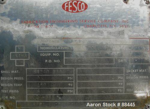 USED: Fesco tank, 20,000 gallon, 304 stainless steel, horizontal. Approximate 120" diameter x 384" straight side. Dished heads. Internal rated 0 psi at 180 deg F. Openings: top (1) 24" manway with co...