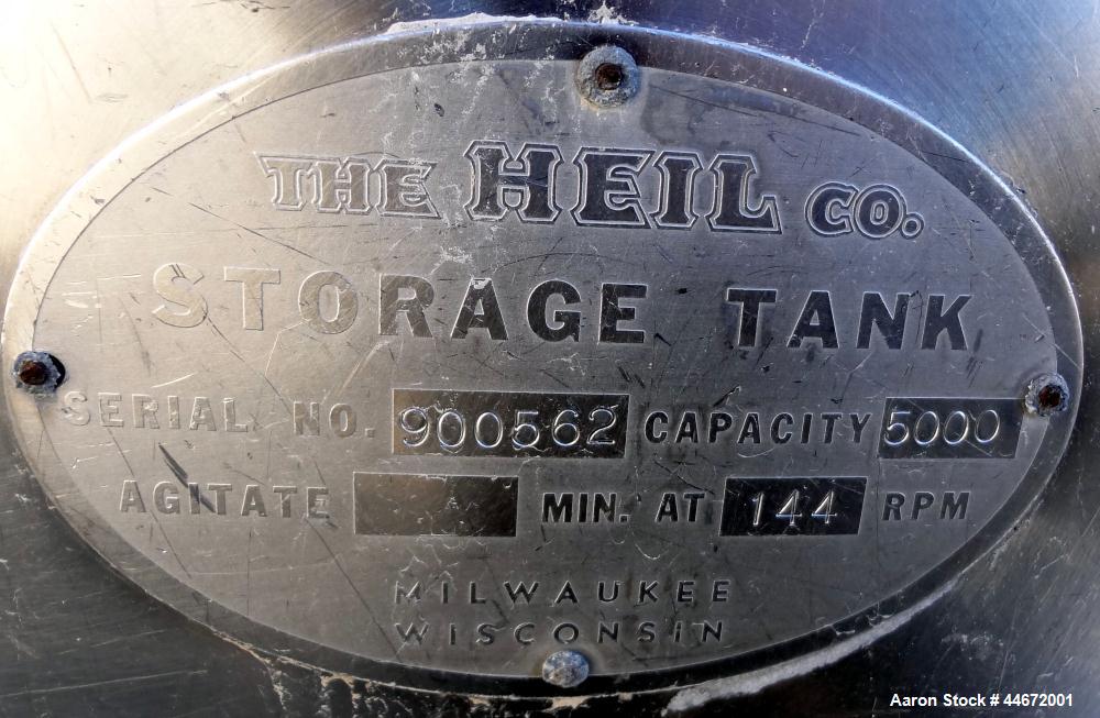Used Heil Company Storage Tank, 5000 Gallon, 304 Stainless Steel, Horizontal. Approximately 92" diameter x 168" straight side, dished heads. Insulated with carbon steel sheathing. Side entering agita...