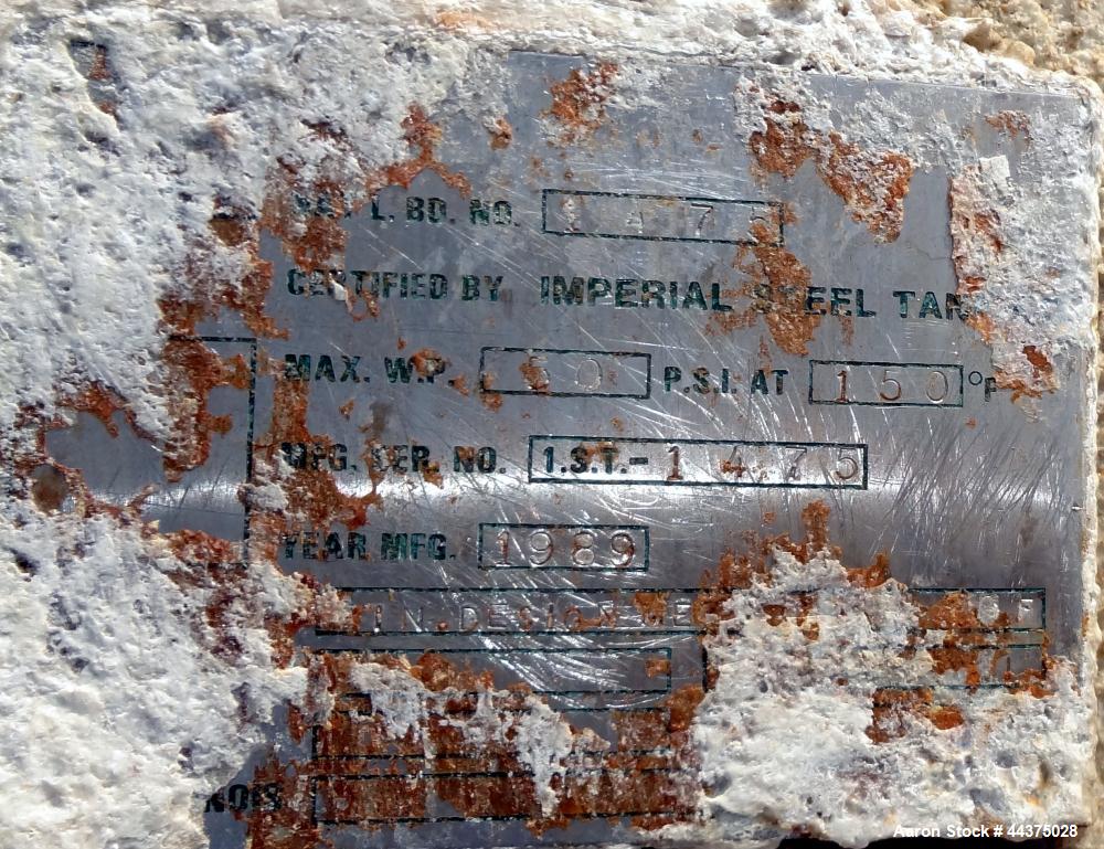 Used Imperial Steel Pressure Tank, 6500 Gallon, 316 Stainless Steel, Vertical. Approximate 108" diameter x 144" straight side, dished top and bottom. Internal rated 50 psi at 150 degrees F. Openings ...