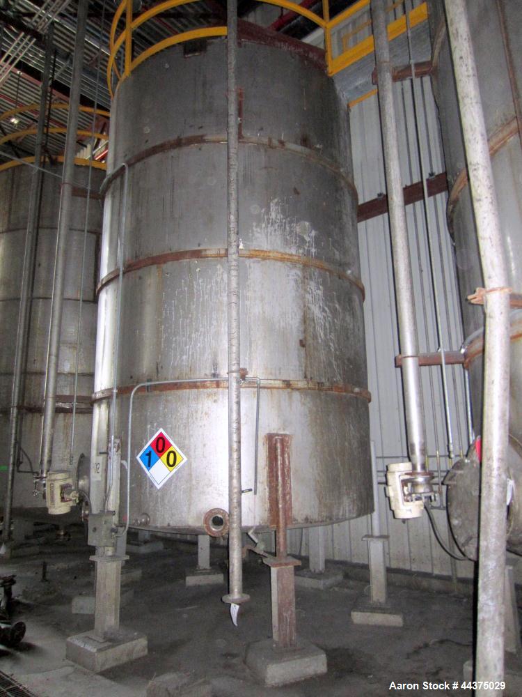 Used Imperial Steel Tank, 10,300 Gallon, 304 Stainless Steel, Vertical. Approximate 126" diameter x 192" straight side, flat welded top, dished bottom. Fixed carbon steel agitator bridge with a top e...