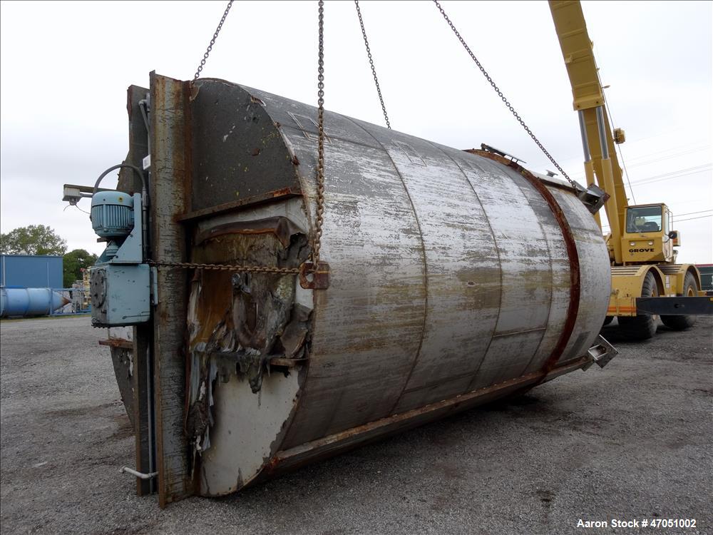 Used Imperial Steel Tank Company Tank, 12,000 Gallon, 304 Stainless Steel, Vertical. Approximate 132" diameter x 204" straight side. Flat top, cone bottom. Fixed carbon steel agitator bridge with a C...