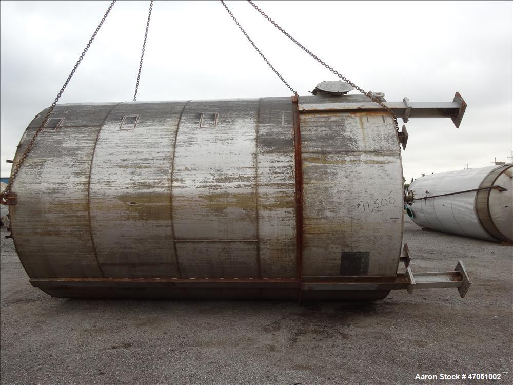 Used Imperial Steel Tank Company Tank, 12,000 Gallon, 304 Stainless Steel, Vertical. Approximate 132" diameter x 204" straight side. Flat top, cone bottom. Fixed carbon steel agitator bridge with a C...