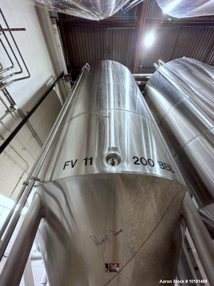 Used JV Northwest (ICC) Stainless Steel Jacketed Vessel.  304 stainless steel; 200BBL, (Approximately 6,200 Gallon); 8'10" diameter  x  19'3" tall;  Dished top and cone bottom; Vertical; Jacket desig...