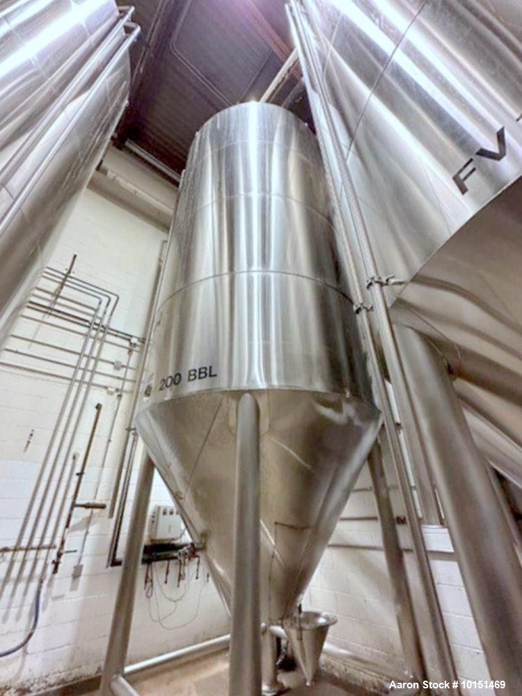 Used JV Northwest (ICC) Stainless Steel Jacketed Vessel.  304 stainless steel; 200BBL, (Approximately 6,200 Gallon); 8'10" diameter  x  19'3" tall;  Dished top and cone bottom; Vertical; Jacket desig...
