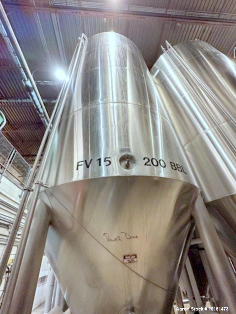 Used JV Northwest (ICC) Stainless Steel Jacketed Vessel.  304 stainless steel; 200BBL, (Approximately 6,200 Gallon); 8'10" diameter  x  19'3" tall;  Dished top and cone bottom; Vertical; Jacket desig...