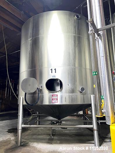 Used JV Northwest 10,000 Gallon Stainless Steel Tank with cone bottom. Vessel measures 12' diameter x 11-1/2 straight side with cone bottom leading to 4" diameter center bottom outlet with manual val...