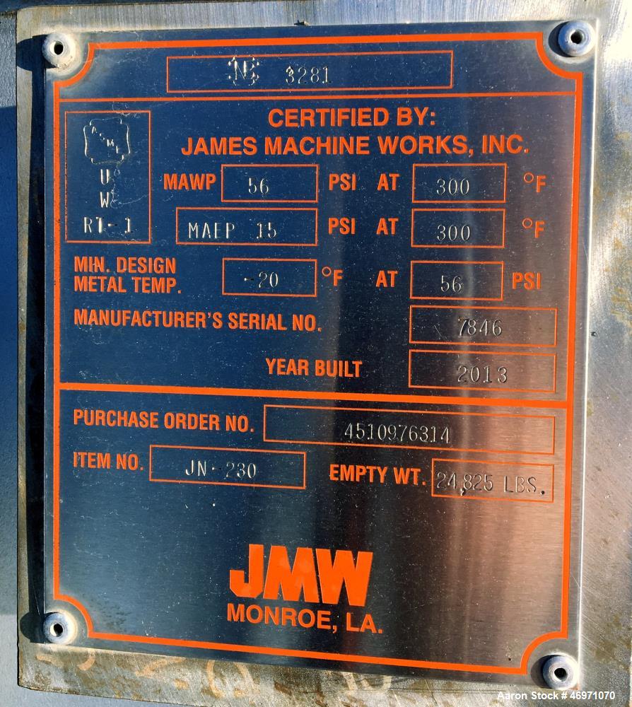 Unused- JMW James Machine Works Pressure Tank, 14,000 Gallon, 316L Stainless Steel, Vertical. 120" Diameter x 300" straight side, dished top and bottom. Internal Rated 30 psi at 300 degrees F. Openin...