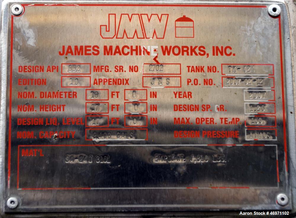 Used JMW James Machine Works API 650 Tank, 9,400 Gallon, 316L Stainless Steel, Vertical. 120" Diameter x 192" straight side, coned top, 24” sloped bottom. Internal rated maximum operating temperature...