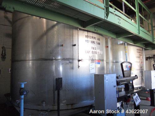 Used Krenz Approximately 10,000 Gallon Stainless Steel Storage Tank. Approximately 12' diameter x 12' straight side. Flat bottom and slight cone top. Various top openings including a 17"manway with c...