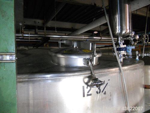 Used Krenz Approximately 10,000 Gallon Stainless Steel Storage Tank. Approximately 12' diameter x 12' straight side. Flat bottom and slight cone top. Various top openings including a 17"manway with c...