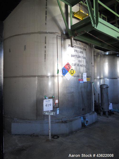 Used Krenz Approximately 10,000 Gallon Stainless Steel Storage Tank. Approximately 12' diameter x 12' straight side. Flat bottom and slight cone top. Various top openings including a 17"manway with c...
