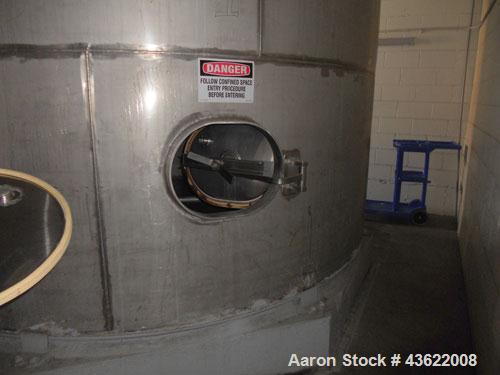 Used Krenz Approximately 10,000 Gallon Stainless Steel Storage Tank. Approximately 12' diameter x 12' straight side. Flat bottom and slight cone top. Various top openings including a 17"manway with c...