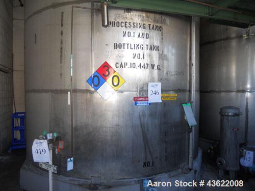 Used Krenz Approximately 10,000 Gallon Stainless Steel Storage Tank. Approximately 12' diameter x 12' straight side. Flat bottom and slight cone top. Various top openings including a 17"manway with c...