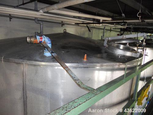 Used Krenz approx. 10,000 gallon stainless steel storage tank. Approx. 12' diameter x 12' straight side. Flat bottom and slight cone top. Various top openings including a 17"manway with cover. 3" Thr...