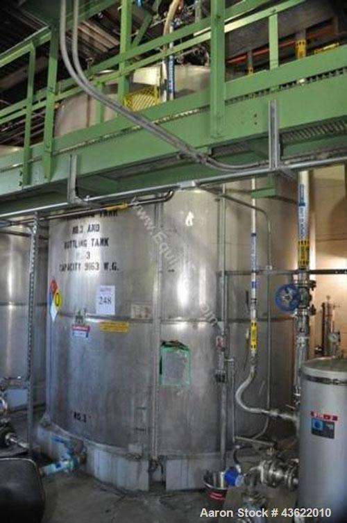 Used Krenz Approximately 8,500 Gallon Stainless Steel Storage Tank. Approximately 11' diameter x 12' straight side. Flat bottom and slight cone top. Various top openings including a 17"manway with co...