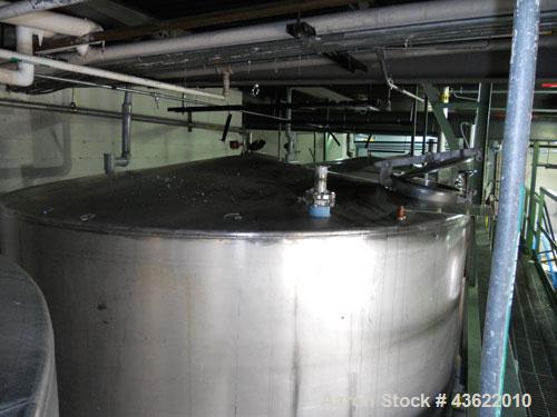 Used Krenz Approximately 8,500 Gallon Stainless Steel Storage Tank. Approximately 11' diameter x 12' straight side. Flat bottom and slight cone top. Various top openings including a 17"manway with co...
