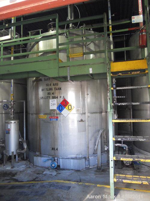 Used Krenz Approximately 8,500 Gallon Stainless Steel Storage Tank. Approximately 11' diameter x 12' straight side. Flat bottom and slight cone top. Various top openings including a 17" manway with c...