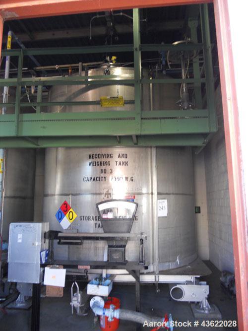 Used Krenz Approximately 7,800 Gallon Stainless Steel Storage Tank. Approximately 11' diameter x 11' straight side. Flat bottom and slight cone top. Various top openings including a 17"manway with co...