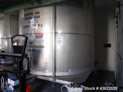 Used Krenz Approximately 7,800 Gallon Stainless Steel Storage Tank. Approximately 11' diameter x 11' straight side. Flat bottom and slight cone top. Various top openings including a 17"manway with co...